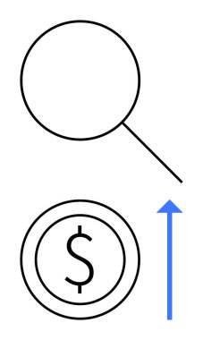 Bir dolar işaretinin üzerindeki büyüteç, yükselen mavi bir ok, finansal büyüme, yatırım ilerlemesi ve veri analizi gösteriyor. Ekonomi, iş, strateji, kâr, analitik ve finans için ideal