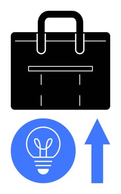 Mavi ampul ve yukarı doğru ok ile eşleştirilmiş siyah evrak çantası gelişimi, yaratıcılığı ve iş dünyasındaki yeniliği sembolize ediyor. Strateji, başarı, büyüme, arzu, girişimcilik için ideal