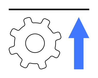 Yukarı bakan mavi bir okun yanında dişli mekanizması, büyümeyi, ilerlemeyi veya dönüşümü işaret ediyor. Yenilik, strateji, üretkenlik, optimizasyon, hedef başarı iş büyümesi için ideal
