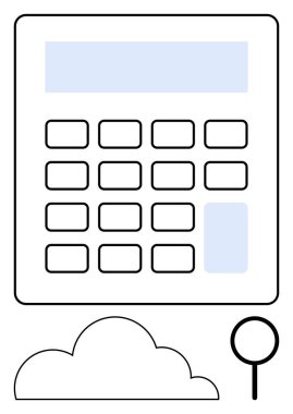 Hesap makinesi vurgulama analizi, detay için büyüteç ve veri depolama, yenilik veya finans için bulut. İş, muhasebe, bulut depolama, SEO 'nun analitik denetimi için ideal