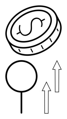 Dolar işaretli sikke, yer belirleyici kalem ve finansal büyümeyi, başarıyı, karı, yatırımı, ekonomiyi, zenginliği ve istikameti gösteren yukarı bakan oklar. Düz basit metafor için ideal