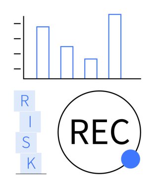 Dikey bar tablosu, yığın halinde RISK ve REC çemberi risk değerlendirmesi, analiz, karar verme eğilimleri, veri eğilimleri, strateji, ilerleme, soyut çizgi düz metaforunu vurguluyor