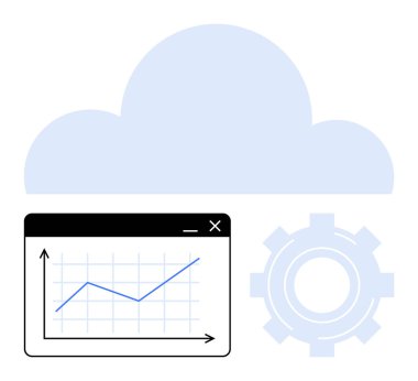 Tarayıcı penceresinde, teçhizatta ve bulut görselleştirme veri analizi, bulut hesaplaması, bilişim çözümleri, dijital dönüşüm, iş büyümesi, strateji otomasyonu üzerinde yükselen çizgi grafiği. Düz basit