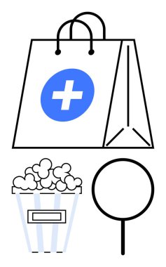 İçinde tıbbi haç, çizgili patlamış mısır kovası ve dairesel büyüteç bulunan bir alışveriş çantası. Alışveriş, sağlık, eğlence, araştırma, boş zaman keşfi araştırmaları için ideal. Düz basit