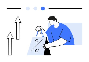 Elinde yüzdeyle işaretlenmiş, etrafı yükselen üç okla çevrili bir alışveriş torbası tutan kişi. Perakende, iş büyümesi, e-ticaret, satış, indirimler, müşteri davranışları pazarlama başarısı için idealdir. Düz