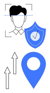 Yüz tanıma, kontrol işaretli kalkan, konum pimi ve güvenlik, takip, ilerleme, teknoloji, kimlik koruma analitiği ve büyümeyi gösteren yukarı doğru oklar. Mahremiyet için ideal