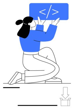 Diz çöken, kodlama paneli kaldıran, bir ok üzerinde, bir indirme kutusunu işaret eden bir kişi. Programlama, geliştirme, kodlama, teknoloji, konuşlanma, hata ayıklama, yenilik için ideal