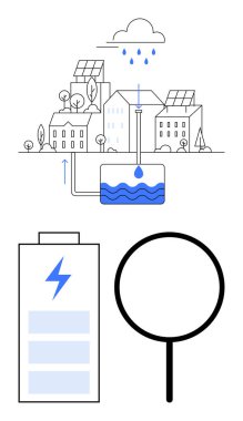 Evlerin tepesindeki güneş panelleri enerji toplar, yeraltında yağmur suyu depolanır, analiz için cam büyütür ve pil enerji deposunu temsil eder. Sürdürülebilirlik ve yenilenebilir enerji için ideal