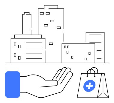 Bir el ve tıbbi temalı alışveriş çantasının üzerindeki belediye binaları kentsel sağlık hizmetleri, yardım ve yardım anlamına geliyor. Sağlık, bağış, destek, yardım, kentleşme refahı için ideal. Düz