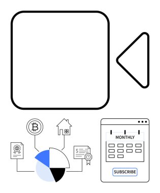 Video oynatma düğmesi, Bitcoin, ev ve belge ikonları ile birlikte aylık abonelik takvimi ile birlikte turta grafiği. Finans, planlama, kripto para birimi ve konut analizi stratejisi için ideal