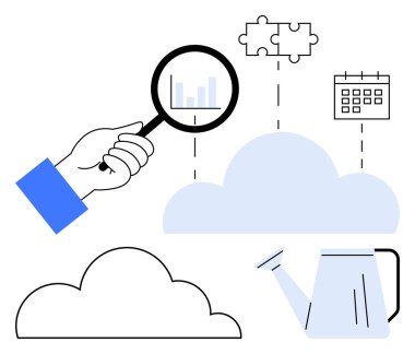 Büyüme araçlarıyla bir bulutu incelerken el ele tutuşan büyüteç, bir sulama kutusunu, bulmaca parçalarını ve takvimi işaret ediyor. Veri analizi, bulut hizmetleri, büyüme, organizasyon, strateji için ideal