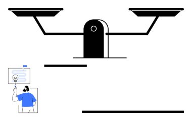 Dengeli ölçek, minimalist tarz, ekranda bir fikir sunan bir figür. Karar verme, eşitlik, hukuk, adalet, fikirler yenilik ve denge için idealdir. Düz basit metafor