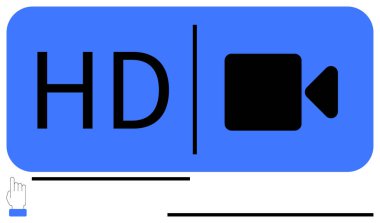 Mavi çerçeveli ve aşağısını işaret eden bir imleci olan bir video kamera simgesinin yanında HD metin. Görüntü kalitesi, yayın, teknoloji, medya, çevrimiçi araçlar, öğretiler, düz basit metafor
