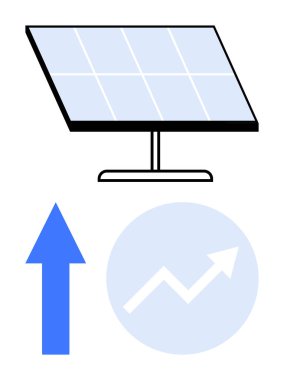 Güneş paneli, yukarı doğru koyu mavi ok ve yükselen grafik yenilenebilir enerji genişlemesini simgeliyor. Sürdürülebilirlik, yeşil teknoloji, temiz enerji, enerji verimliliği, çevresel yenilik, eko