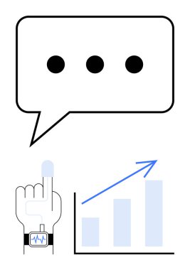 Noktalı sohbet balonu, elde akıllı ölçüm verileri, yukarı doğru oklu çubuk grafik. İletişim, teknoloji, yenilik, büyüme, sağlık veri analizi için idealdir. Düz basit