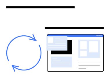 Bir web arayüzü düzeninin yanındaki mavi dairesel oklar sürekli güncelleme ve iş akışı yinelemesini öneriyor. Web tasarımı, içerik yönetimi, UXUI, geliştirme, otomasyon, süreç iyileştirme, düz