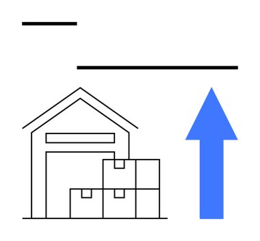 Mavi yukarı doğru giden okun yanında istiflenmiş kutuları olan depo lojistik, büyüme ve verimliliği simgeliyor. Teslimat için ideal, nakliye, envanter, tedarik zinciri, depolama, başarı düz bir metafor