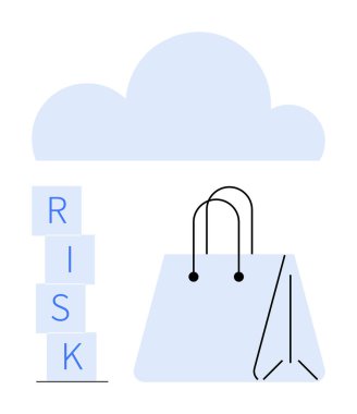 Bulutun altındaki bir alışveriş çantasının yanında RISK yazacak yığınla blok var. E-ticaret, perakende satış analizi, risk değerlendirmesi, bulut hesaplama, veri güvenliği, online alışveriş, soyut düz çizgi