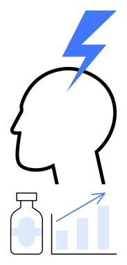 Ağrı için yıldırımı olan bir insan kafası silueti tedaviyi sembolize eden bir ilaç şişesi ve iyileşmeyi simgeleyen yukarı doğru ilerleyen bir çizelge. Sağlık, sağlık ve ağrı kesici için ideal.