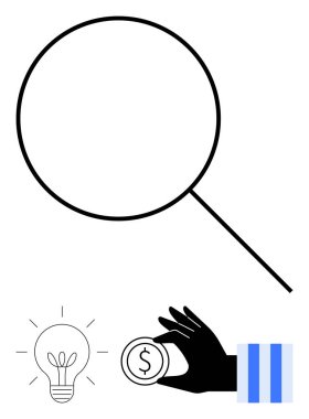 Büyüteç, parlak ampulle fikirleri vurgular, madeni parayı tutan da finansmanı simgeler. Yenilik, yatırım, araştırma, strateji, iş, keşif için ideal, düz basit metafor