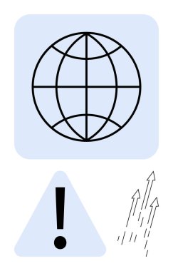 Küresel bağlantıyı sembolize eden dünya teli, dikkat için ünlem işareti olan uyarı üçgeni, ilerleme, büyüme ve hırsı gösteren yukarı doğru oklar. Teknoloji, iletişim ve güvenlik için ideal