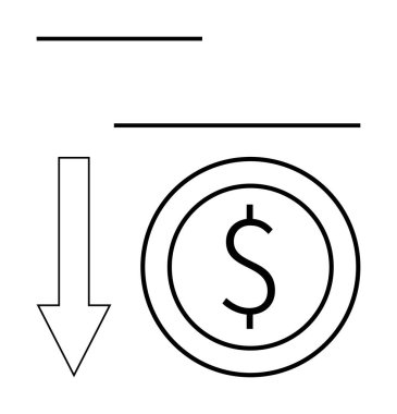 Dolar işaretinin bitişiğindeki aşağı ok finansal kaybı, değer kaybını ya da azalan değeri aktarıyor. İş, finans, ekonomi, yatırım, maliyet azaltma ve asgari bütçe için ideal