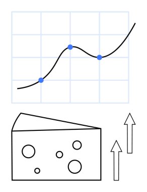 Mavi noktalı yükselen çizgi grafiği, delikli peynir bloğu çizgisi ve yukarı bakan oklar. Ticari büyüme, veri analizi, kâr, ilerleme, gıda endüstrisi için ideal, eğilimler düz basit metafor