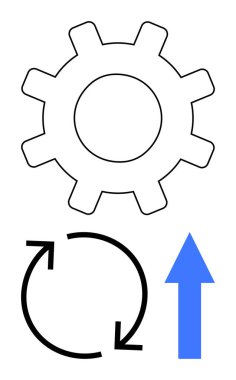 Çalışmayı ya da mekanizmayı sembolize eden dişli tekerlek, işlem akışı için dairesel oklar, ve ilerleme ve büyüme için mavi yukarı ok. Çalışma akışı, geliştirme, mühendislik, strateji, yenilik ve takım çalışması için ideal