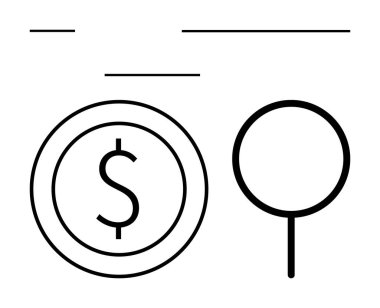 Asgari büyüteçin yanında bir dolar madeni para. Ekonomik araştırmayı, tasarrufu ve zenginliği simgeliyor. Finans, ekonomi, analiz, yatırım, bankacılık bütçesi için ideal basit bir metafor