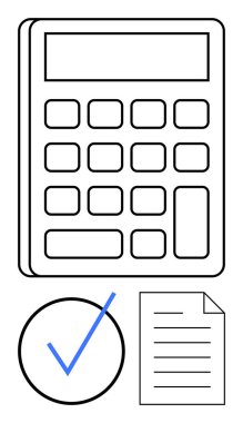 Çemberin içindeki bir işaretin yanında hesap makinesi ve metin satırlı bir belge. Muhasebe, finans, onay, hesaplama, denetleme, planlama, karar verme için ideal. Basit bir metafor.