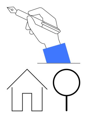 Bir dolmakalem, bir ev çizimi ve bir büyüteç sembolü tutuyor. Yaratıcılık, emlak, tasarım, eğitim, yenilik, mimari, keşif için idealdir. Düz basit metafor