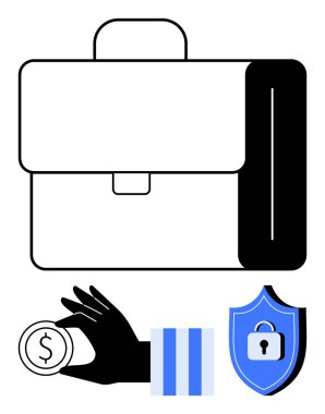 Evrak çantası işi sembolize ediyor, madeni parayı elinde tutuyor, kalkanı da güvenliği simgeliyor. İş, bankacılık, finans, koruma ve sigorta anlaşmaları için ideal. Düz