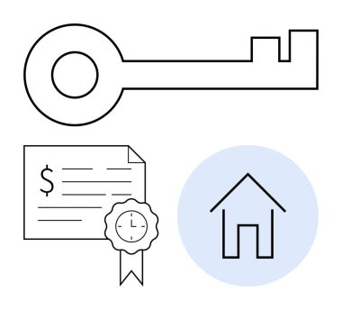 Anahtar, mavi dairenin içindeki ev ikonu ve dolar işareti ve kurdeleli bir sertifika. Gayrimenkul, mülkiyet, ipotek, konut satın alma, mali yatırım, yasal belgeler için ideal konut