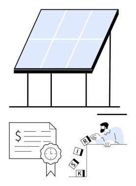 Güneş paneli, dolar işareti ve şeritli finansal belge, risk bloklarını analiz eden adam. Sürdürülebilirlik, yenilenebilir enerji, finans, yatırım, risk değerlendirmesi, ekonomik analiz için ideal