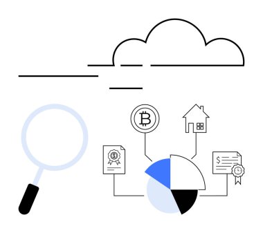 Büyüteç, kripto para birimi, mülk, yasal belgeler ve pasta grafiği gibi finansal varlıklarla bulut bağlantısını inceliyor. Finans, teknoloji, veri görselleştirme, varlık takibi için ideal