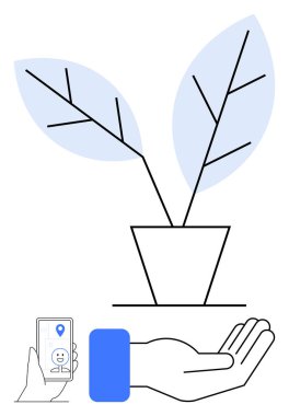 Saksı bitkisi büyümeyi ön plana çıkarır, akıllı telefon dijital bağı sembolize eder, el bakım önerir. Sürdürülebilirlik, büyüme desteği, yenilik, dijital çevre bilinci, yetiştirme, uygulamalar için ideal