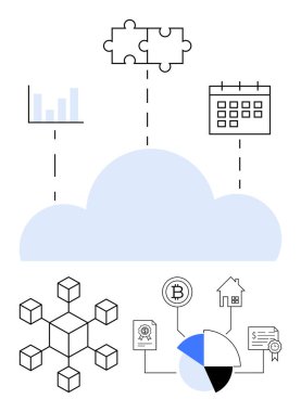 Bulut bağlayıcı analitik grafik, bulmaca, takvim, blok zinciri mimarisi, kripto para birimi, ev, pasta grafiği, sertifika. Veri entegrasyonu teknolojisi yeniliği için ideal dijital dönüşüm