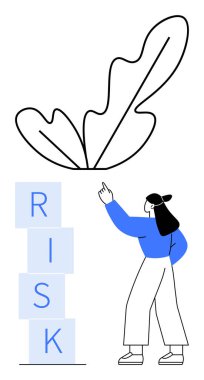 Bir kadın üzerinde yüzen bir yaprak ile RISK 'i heceleyen denge bloklarını işaret ediyor. Karar verme, ihtiyat, planlama, yönetim, kırılganlık, sonuçlar, soyut düz metafor için ideal