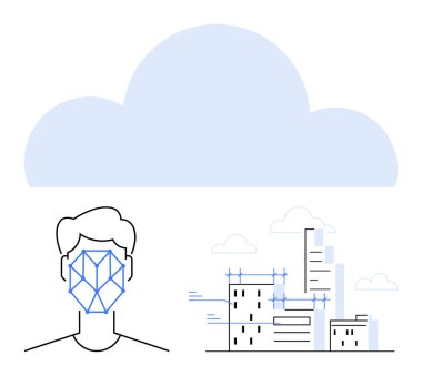 Geometrik tanımlama desenli soyut yüz, bulutların altında inşaat elemanları olan şehir binaları. Yapay zeka, bulut hesaplama, yüz tanıma, kentsel planlama, teknoloji, güvenlik, veri