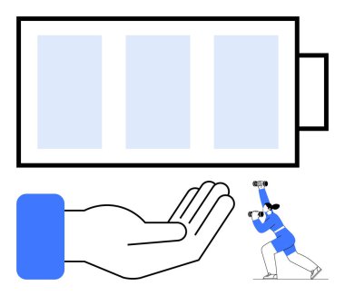 Geniş bir el, dürbün kullanan uzak bir figürle büyük bir pil simgesini tutuyor. Enerji, sürdürülebilirlik, büyüme, güç, teknoloji, gelecekteki vizyon yenilenebilir kaynaklar için ideal. Düz basit