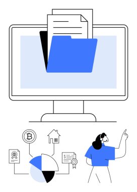 Bilgisayar ekranında dosyalar, finansal tablolar, bitcoin, ev, sertifika simgeleri ve işaret eden bir kadın var. Belge organizasyonu, veri yönetimi ve finansman için ideal