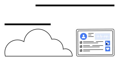 Bulut tıbbi profili, kalp atışı ve kontrol listesi olan bir tablete bağlı. Sağlık teknolojisi, bulut hesaplama, veri yönetimi, sağlık hizmetleri, tıbbi kayıt yeniliği için ideal. Düz basit