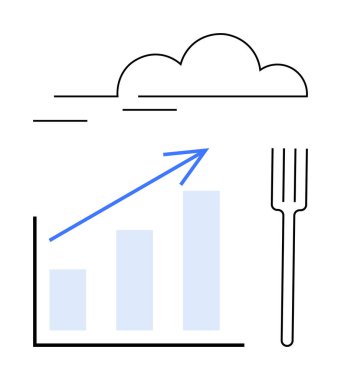Sanayi büyümesini, sürdürülebilirliğini veya dijital eğilimleri temsil eden bir bulut ve çatalın yanındaki yukarı doğru mavi ok grafiği. İş, teknoloji, sürdürülebilirlik, yenilik ve pazarlama için ideal