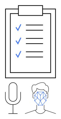 İnsan yüzünde kontrol listesi, mikrofon ve yüz tanıma sistemi olan bir pano. Teknoloji, yapay zeka, biyometri, görev yönetimi, verimlilik, kimlik doğrulama veri toplama dairesi için ideal