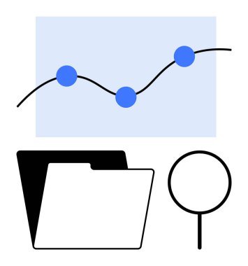 Çizgi çizelgesi veri noktalarını gösteriyor, dosya klasörünü açıyor ve büyüteç takıyor. Analiz, araştırma, organizasyon, veri depolama, iş anlayışı, bilgi yönetimi dairesi için ideal basit metafor
