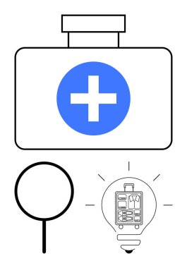 Haçlı ilk yardım kutusu, büyüteç, içinde bavul bulunan ampul organizasyon ve güvenliği simgeliyor. Sağlık, analiz, verimlilik, yenilik, sorun çözme, önleme için ideal