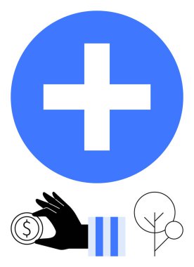 Büyük mavi haç, içinde dolar işareti olan bozuk para, minimalist ağaç çizgisi. Sağlık, finans, yatırım, büyüme, sürdürülebilirlik bağışları için ideal bir karar. Düz basit metafor