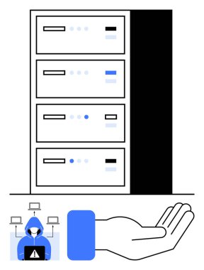 Bilgisayar düğümlerine bağlı bilgisayar korsan simgesine sahip veri sunucuları, uzatılmış bir el tarafından ele geçirilen siber tehditleri temsil ediyor. Güvenlik, teknoloji, siber tehditler, veri koruması, sunucu için ideal