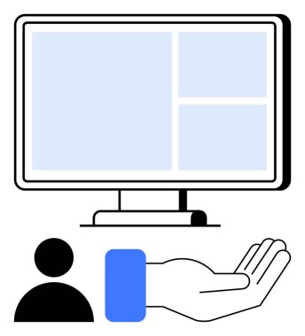 Bir elin üzerinde kılavuz düzeni olan bilgisayar ekranı yardımı ve bir kişi simgesini sembolize ediyor. Kullanıcı desteği, çevrimiçi yardım, müşteri bakımı, teknik yardım, hizmet kavramı, dijital yardım, daire sade