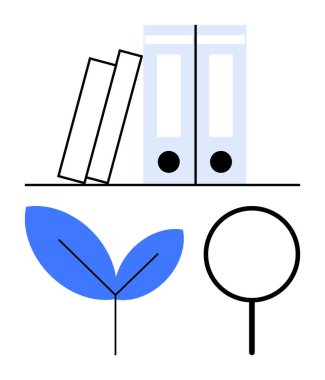 Kitaplar ve klasörler bir rafta, soyut mavi yaprak ve ağaca bitişik. Eğitim, organizasyon, sürdürülebilirlik, öğrenme, büyüme, minimalizm için idealdir. Temiz düz basit metafor